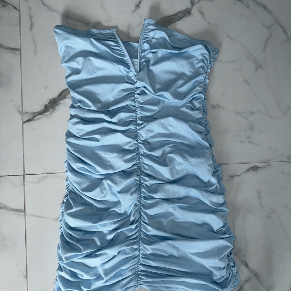 Blue Ruched Strapless Bodycon Dress - Picture 6 of 6